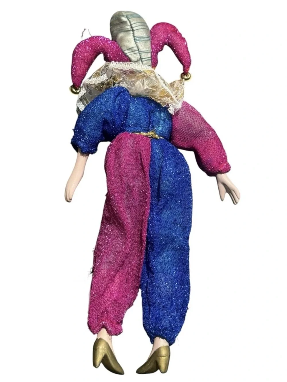 Vintage 11” Jester Painted Porcelain Clown Doll Blue, Pink/Purple, Gold